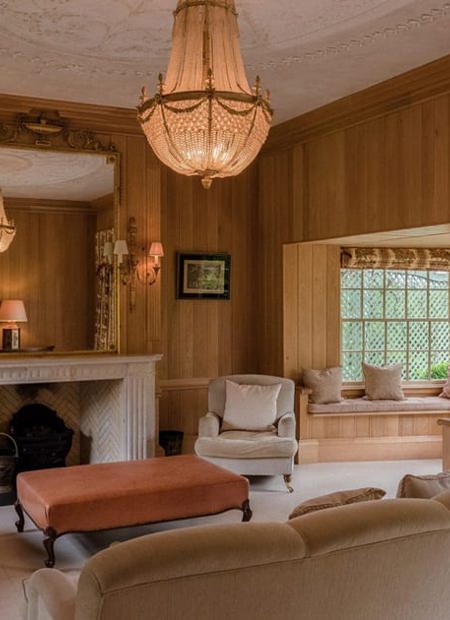 Wood panelled lounge with fireplace