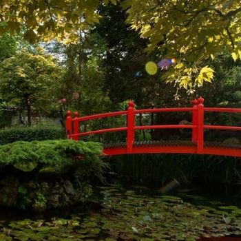 Red bridge over lily pond at cliff at lyons