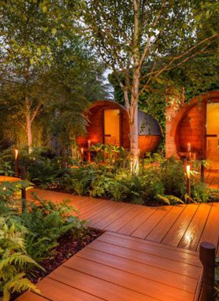 Outdoor saunas and wooden walkways at luxury spa