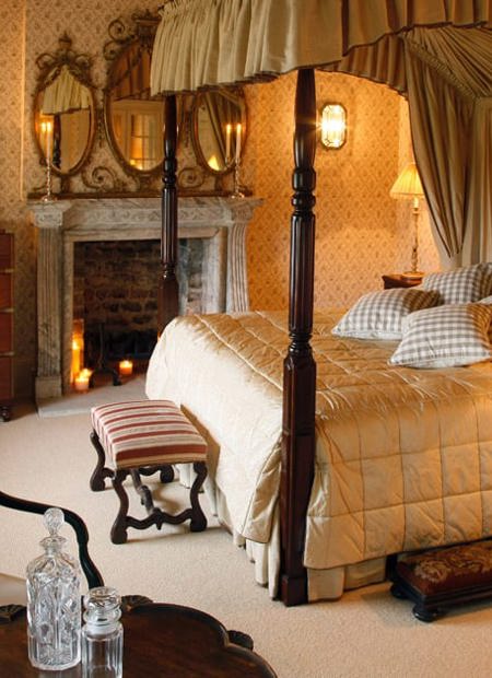 Elegant vintage hotel room with traditional wooden furniture