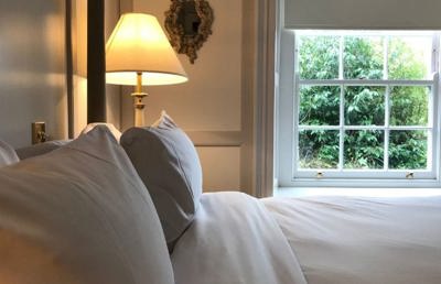 Luxurious hotel suite with garden foliage view fresh linen and white windows