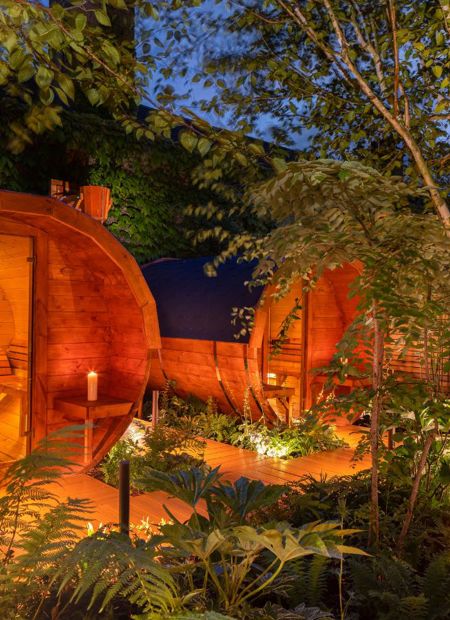 Hotel garden with ourdoor saunas