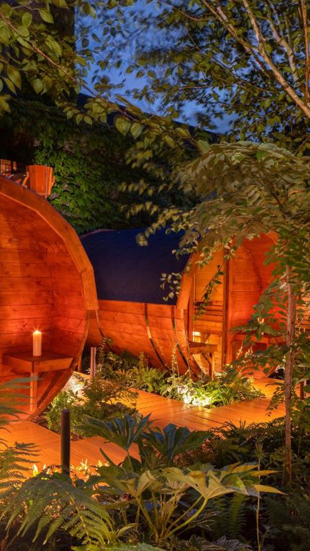 Hotel garden with ourdoor saunas