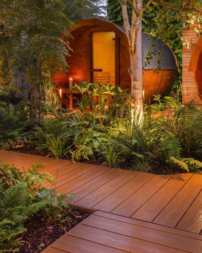 Outdoor wellness with saunas
